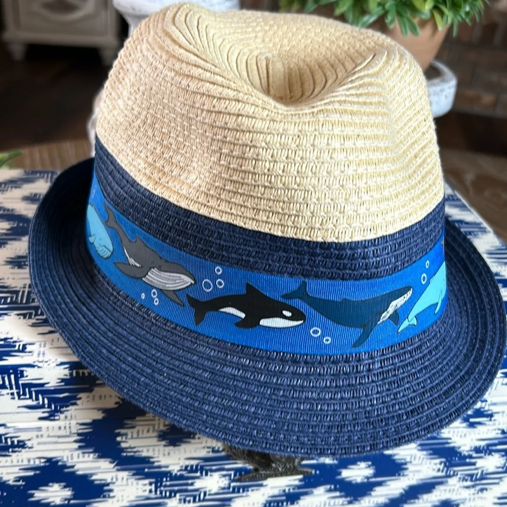 Little Boys Navy Blue & Tan Brown Straw Fedora Hat Whale Stripe